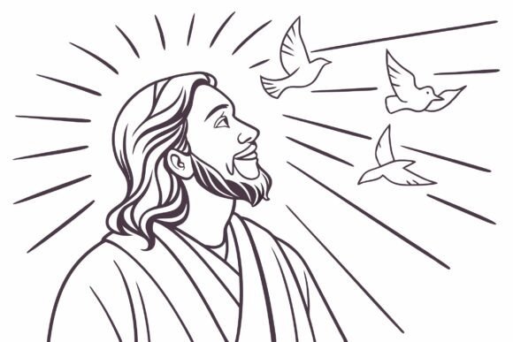 Simple Line Art of Jesus with Easter Doves